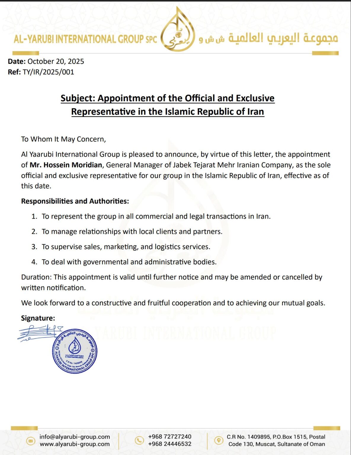 Official and Exclusive Representative in the Islamic Republic of Iran